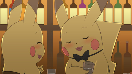 5_fingers alcohol anthro bartender beverage blush bow_tie container cup drinking_glass duo eyelashes eyes_closed female fingers gesture glass glass_container glass_cup hand_gesture long_ears male male/female pointing red_cheeks shot_glass tail wine wine_bottle yellow_body winick-lim nintendo pokemon generation_1_pokemon pikachu pokemon_(species) 16:9 2019 4k absurd_res hi_res widescreen