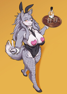 alcohol anthro beverage big_breasts blush breasts bunny_costume chest_tuft clothing costume countershading female fishnet_clothing fishnet_legwear footwear fur gesture glass grey_body grey_fur grey_hair hair heart_pasties heart_symbol high_heels holding_object inner_ear_fluff legwear liquor looking_at_viewer necktie pasties serving serving_alcohol serving_beverage shoes simple_background smile solo stockings tuft waiter yellow_background rusal32 cervina canid canine canis mammal wolf absurd_res hi_res