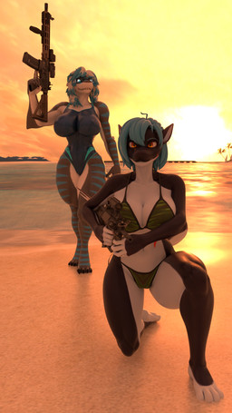 anthro beach big_breasts bikini blue_bikini blue_clothing blue_eyes blue_hair blue_swimwear breasts camel_toe claws cleavage clothed clothing crouching curvy_figure duo female green_bikini green_clothing green_swimwear grin gun hair jewelry looking_at_viewer markings multicolored_body nipple_outline one-piece_swimsuit orange_eyes ranged_weapon smile standing striped_markings stripes sunset swimwear two-piece_swimsuit two_tone_body weapon white_hair wide_hips ekai-ben_(artist) annoad_(modeler) valorlynz_(modeler) warfaremachine_(modeler) nika_sharkeh warfare_nika zea_nalya aquatic cetacean dolphin fish mammal oceanic_dolphin orca requiem_shark shark tiger_shark toothed_whale 3d_(artwork) 9:16 absurd_res digital_media_(artwork) hi_res