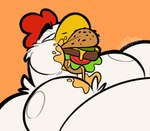 anthro beak burger cheek_bulge eating food food_in_mouth looking_pleasured male messy_eater monotone_background narrowed_eyes natural_colors nipples orange_background overweight overweight_anthro overweight_male simple_background solo thick_outline toony torogao white_body wizzdono coco_(wizzdono) avian bird chicken galliform gallus_(genus) phasianid 2024 bust_portrait portrait watermark
