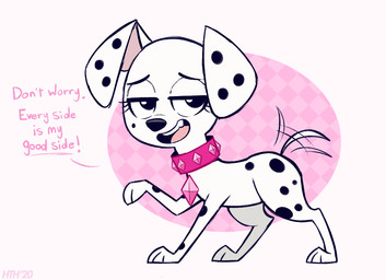 black_eyes black_nose black_spots collar female feral floppy_ears fur markings mole_(marking) pink_background pink_collar pink_inner_ear simple_background solo spots tail tail_motion tailwag toony white_body white_fur higglytownhero 101_dalmatian_street 101_dalmatians disney dallas_(101_dalmatians) triple_d_(101_dalmatians) canid canine canis dalmatian domestic_dog mammal