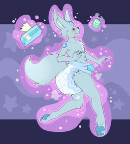 air_puff anthro baby_powder baby_wipes big_diaper blue_eyes blush crescent_(shape) crescent_moon diaper diaper_puff fluffy fluffy_tail fur grey_body grey_fur levitation magic male markings moon moon_(marking) paws poof simple_background solo tail telekinesis bubblepuppers fysir arctic_fox canid canine fox mammal true_fox hi_res