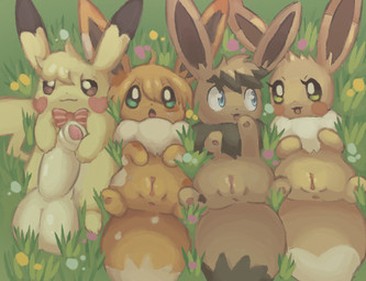 anus balls big_balls big_penis blue_eyes chibi detailed_background female feral foreskin genitals grass group hair heart_(marking) heart_symbol huge_balls huge_penis humanoid_genitalia humanoid_penis hyper hyper_balls hyper_genitalia hyper_penis looking_at_another lying male markings on_back open_mouth penis plant take_your_pick urethra vulva clockstops3am conditional_dnp nintendo pokemon eevee generation_1_pokemon pikachu pokemon_(species) hi_res