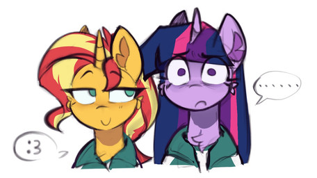chest_tuft clothing duo eye_bags female feral horn inner_ear_fluff jacket nervous simple_background smile topwear tuft lerkfruitbat equestria_girls friendship_is_magic hasbro my_little_pony mythology squid_game sunset_shimmer_(eg) twilight_sparkle_(mlp) equid equine mammal mythological_creature mythological_equine unicorn