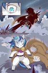 2:3 blood blue_eyes blue_hair blue_tail bodily_fluids cold-blooded-twilight comic dialogue english_text equid equine exclamation_point friendship_is_magic fur hair hasbro hi_res horn male mammal multicolored_body multicolored_fur multicolored_hair my_little_pony mythological_creature mythological_equine mythology shining_armor_(mlp) solo sweat tail text thought_bubble unicorn white_body white_fur wounded