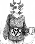 alternative_fashion breasts clothing container cup female goth horn inverted_pentacle multi_tail occult_symbol pajamas pentacle pentagram shirt solo symbol tail text topwear hladilnik shay_(hladilnik) bovid caprine caprine_demon demon goat mammal arabic_text black_and_white english_text hi_res monochrome translated