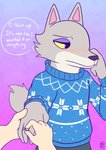 blue_clothing blue_sweater blue_topwear blush clothing digit_ring duo embarrassed engagement_ring hand_holding jewelry male proposal ring solo_focus sweater topwear tsundere reddoshirousagi06 animal_crossing nintendo fang_(animal_crossing) canid canine canis mammal wolf absurd_res hi_res