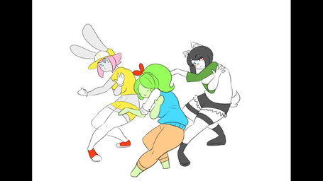 anthro big_breasts biped black_hair blush blush_stickers breasts cleavage clothed clothed_anthro clothed_female clothed_humanoid clothing dancing emanata eyeless female fully_clothed fully_clothed_anthro fully_clothed_female fully_clothed_humanoid fur green_body green_hair grey_body grey_fur group hair music pink_hair plant profanity scut_tail short_tail simple_background tail trio white_background white_body white_fur theycallhimcake jojo's_bizarre_adventure you_reposted_in_the_wrong_neighborhood frannie_funbun lili_(theycallhimcake) maggie_applebee canid canine canis domestic_dog elemental_creature elemental_humanoid flora_fauna humanoid lagomorph leporid mammal plant_humanoid rabbit 16:9 2016 2d_animation animated digital_media_(artwork) english_audio english_description frame_by_frame hi_res high_framerate meme short_playtime sound webm widescreen