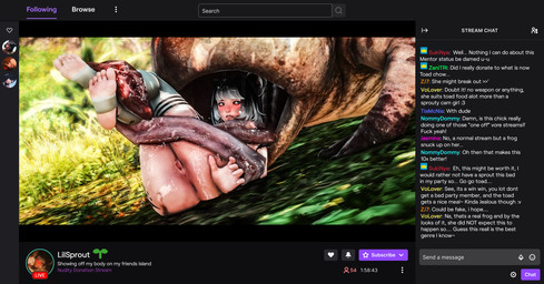 anus black_hair bodily_fluids clothing creek duo female feral feral_pred footwear genitals hair humanoid_prey livestream long_tongue oral_vore profanity saliva socks stream_chat text tongue vore vulva white_hair crymoore final_fantasy final_fantasy_xiv square_enix amphibian animal_humanoid felid feline frog humanoid mammal miqo'te monster english_text hi_res