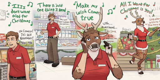 anthro antler_growth antlers basic_sequence bell bell_anklet belt biped black_belt breast_growth breasts brown_body brown_fur christmas_clothing christmas_dress clothing dress employee employee_uniform eye_color_transformation female fingers four_frame_sequence fur fur_growth gender_transformation grocery_store growth hair_loss holidays hooved_fingers hooves horn human_to_anthro inside light_body light_skin linear_sequence listening_to_music male markings mid_transformation mtf_transformation music one_ear_up outfit_change red_clothing red_dress solo speaker species_transformation standing talking_to_self tapping_foot text transformation transformation_sequence white_markings rayford_j all_i_want_for_christmas_is_you christmas deer human mammal new_world_deer reindeer absurd_res english_text hi_res