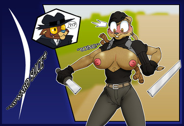 2_panel_comic anthro areola beanie belt big_breasts blind_eye blood blue_nose blush bodily_fluids bodypaint bottomwear breasts broken_sword brown_body brown_fur buckteeth clothed clothing coat collared_shirt dress_shirt duo ears_down embarrassed eyebrows face_paint fangs fedora female fur gloves hair handwear harness hat headgear headwear huge_breasts male male/female melee_weapon military_clothing military_uniform multicolored_body multicolored_fur nipples onomatopoeia pink_nipples pivoted_ears ponytail rope shirt shocked simple_background sound_effects stocking_cap surprised sword tan_body tan_fur teeth text thick_eyebrows tight_clothing topwear two_tone_body two_tone_fur uniform wardrobe_malfunction weapon wounded yellow_eyes yellow_sclera blude550 conker's_bad_fur_day rareware shc_sneeker bear chipmunk ground_squirrel mammal rodent sciurid tediz comic digital_media_(artwork) english_text hi_res shaded
