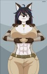 2d_animation 5_fingers abs animated anthro areola big_breasts biped black_hair blush bottomwear breast_drop breasts brown_body brown_fur canid canine claws clothed clothing conditional_dnp curvy_figure dialogue digital_media_(artwork) english_text evov1 eyebrow_through_hair eyebrows eyelashes female fingers flashing fox fur grey_fox hair hi_res huge_breasts inner_ear_fluff kyla_gray_(zardoseus) looking_at_viewer mammal multicolored_body multicolored_fur muscular muscular_anthro muscular_female navel nipples pants purple_eyes reveal revealing_clothes short_playtime smile smirk tan_body tan_fur text translucent translucent_hair tuft urocyon white_body white_fur wide_hips