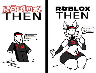anthro before_and_after big_butt butt dialogue femboy male silly silly_face slim solo speech_bubble text thick_thighs fanaeka roblox guest_(roblox) mammal robloxian 2025 digital_media_(artwork) english_text meme redraw tagme