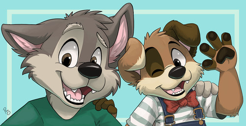 anthro arm_around_shoulder black_nose black_pawpads bow_tie brown_body brown_eyes brown_fur cheek_tuft clothed clothing duo facial_tuft fangs fingerpads floppy_ears front_view fur glistening glistening_eyes green_clothing green_topwear grey_body grey_fur happy looking_at_viewer male one_eye_closed open_mouth open_smile overalls pattern_clothing pattern_shirt pattern_t-shirt pattern_topwear pawpads pink_tongue red_bow_tie shirt simple_background smile striped_clothing striped_shirt striped_t-shirt striped_topwear stripes t-shirt tan_body tan_fur teeth tongue topwear tuft white_clothing white_shirt white_t-shirt white_topwear young young_anthro young_male pandapaco canid canine canis domestic_dog mammal hi_res