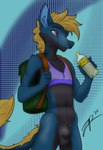 animal_genitalia anthro backpack balls beverage beverage_bottle black_body black_fur blonde_hair blue_body blue_fur bottomless clothed clothing dragoth fur genitals hair holding_beverage holding_object male purple_eyes sheath shirt solo standing tail topwear zephyrpanthur mythology dragon furred_dragon furred_scalie mythological_creature mythological_scalie scalie hi_res