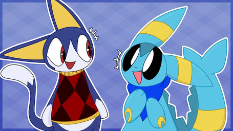 ambiguous_gender anthro blue_body blue_fur bottomless clothed clothing duo fish_tail fur kerchief male open_mouth red_eyes shirt topwear aquaticfuz animal_crossing nintendo pokemon cerulean_(aquaticfuz) fan_character rover_(animal_crossing) aquatic domestic_cat eeveelution felid feline felis fish generation_1_pokemon generation_2_pokemon hybrid mammal pokemon_(species) umbreon vaporeon