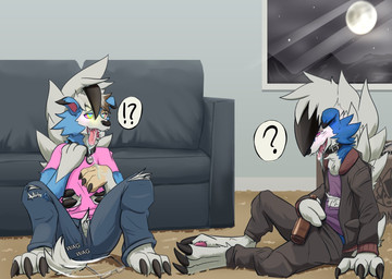 anthro black_claws blue_body blue_eyes blue_fur blush bodily_fluids bottomwear cheek_tuft chest_tuft claws clothing collar crotch_tuft digitigrade drooling duo eyewear facial_tuft fangs finger_claws full_moon fur furniture glasses half-closed_eyes human_to_anthro hypnosis inside interrobang male mid_transformation mind_control moon narrowed_eyes night open_mouth pants pawpads pink_pawpads purple_eyes question_mark ringed_eyes rug saliva sharp_teeth shirt sitting sky smile sofa species_transformation star starry_sky tail tail_motion tailwag teeth toe_claws tongue tongue_out topwear torn_bottomwear torn_clothing torn_pants torn_shirt torn_topwear transformation tuft wall_(structure) white_body white_fur window yellow_eyes toshabi nintendo pokemon canid canine generation_7_pokemon lycanroc mammal midnight_lycanroc pokemon_(species) shiny_pokemon 2021 cel_shading shaded