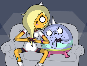 anthro bottomwear clothed clothing duo female fur furniture hair male on_model shirt sitting sofa text tongue tongue_out toony topwear discount-supervillain adventure_time cartoon_network bronwyn_(adventure_time) t.v._(adventure_time) canid canine canis domestic_dog mammal pup_(adventure_time) rainicorn 4:3 digital_media_(artwork) niece_(lore) uncle_(lore) uncle_and_niece_(lore)