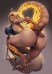 bent_over big_breasts big_butt bikini_thong breasts butt chair clothing ear_frill female fire flaming_tail frill_(anatomy) furniture one-piece_swimsuit open-back_swimsuit raised_tail solo swimwear tail tongue tongue_out packge mythology animal_humanoid dragon dragon_humanoid humanoid mythological_creature mythological_scalie scalie hi_res