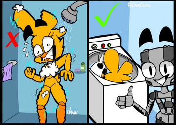 anthro appliance bathing bathroom beak electricity electrocution endoskeleton female laundry_machine machine nude shower showering soap solo towel washing_machine yellow_body owochica five_nights_at_freddy's scottgames chica_(fnaf) animatronic avian bird chicken galliform phasianid robot robot_anthro