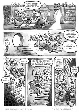 anthro armor bookshelf bottomwear camera clothing detailed_background dialogue duo furniture headgear helmet inside male micro overweight overweight_male shirt shorts text topwear jwbalsley chester_the_rat stinky_the_rat mammal murid murine rat rodent 2026 absurd_res comic english_text hi_res monochrome
