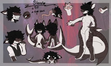 anthro black_hair black_text bodily_fluids clothed clothed_anthro clothed_male clothing countershading drooling ear_piercing eyebrows featureless_chest featureless_crotch fin fingers front_view hair hair_over_eyes hand_on_hip long_tongue male nude nude_anthro nude_male pawpads piercing pink_pawpads pink_tongue red_eyes saliva sharp_teeth shirt solo spiral spiral_eyes striped_body stripes tail tail_fin teeth text thick_tail tongue tongue_out topwear vest white_body white_clothing white_countershading white_inner_ear white_sclera white_shirt white_topwear kr4mpusk slender_(xslendershadowx) aquatic fish requiem_shark shark tiger_shark 2024 digital_media_(artwork) english_text full-length_portrait hi_res model_sheet portrait