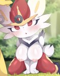 ambiguous_gender anthro areola big_breasts biped blush breasts buckteeth detailed_background duo female female_focus fur grass nipples open_mouth plant red_body red_eyes short_tail solo_focus spiral_eyes tail teeth white_body white_fur white_tail yellow_body himimi nintendo pokemon cinderace generation_1_pokemon generation_8_pokemon hypno_(pokemon) pokemon_(species) hi_res