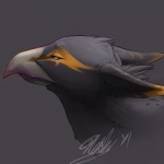 ambiguous_gender beak facial_markings feral grey_background half-closed_eyes head_markings markings narrowed_eyes simple_background solo neltruin mythology radiac avian gryphon mythological_avian mythological_creature 1:1 bust_portrait low_res portrait