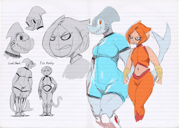 anthro bandage clothing duo eyelashes female furrowed_eyebrows hair larger_female looking_at_another muscular muscular_female orange_hair prosthetic prosthetic_leg prosthetic_limb sharp_teeth size_difference smaller_female standing teeth text tight_clothing wide_hips sunibee aquatic fish haplorhine mackerel_shark mammal monkey primate shark white_shark character_request colored_sketch digital_drawing_(artwork) digital_media_(artwork) english_text shaded sketch