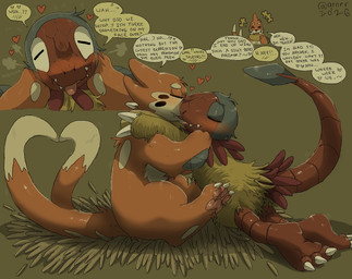blush blush_lines claws dialogue duo face_squish feral feral_on_feral gesture heart_symbol hug hugging_another kissing male male/male romantic romantic_couple sitting speech_bubble squish tail tail_gesture tail_heart talking_to_another teasing text tongue tongue_out qrnrr nintendo pokemon pokemon_mystery_dungeon spike_chunsoft aerial_explorer_archen marine_explorer_buizel archen avian buizel fossil_pokemon generation_4_pokemon generation_5_pokemon mammal mustelid pokemon_(species) english_text