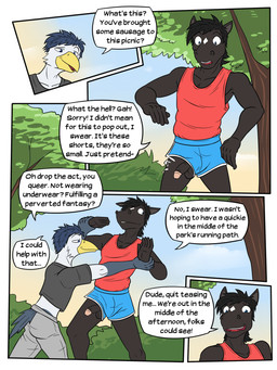 accident accidental_exposure anthro athletic_wear balls balls_through_leghole beak bite biting_lip biting_own_lip black_body black_hair border bottomwear bulge circumcised clothed clothed_anthro clothed_male clothing dialogue diamond_(marking) duo eyebrows feathers flirting fully_clothed fully_clothed_anthro fully_clothed_male furgonomic_bottomwear furgonomics genitals hair homophobic_slur innuendo looking_at_genitalia looking_at_penis male male/male male_anthro markings midriff mullet no_underwear offering_sex outside pants partially_clothed_anthro partially_clothed_male penis penis_poking_out penis_through_leghole plant public public_exposure raised_eyebrow self_bite shirt shorts speech_bubble sweatpants tank_top teasing text topwear tree wardrobe_malfunction white_body white_border white_feathers wrist_grab fuze texnatsu james_oliver sam_jackson avian bird equid equine horse mammal 3:4 comic english_text hi_res