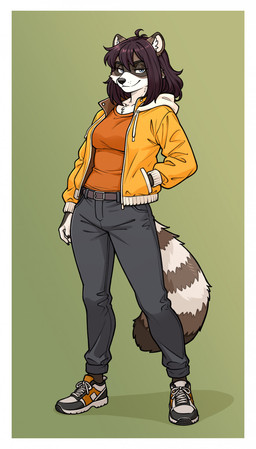 anthro black_hair black_nose bottomwear clothed clothed_anthro clothed_female clothing female fur grey_body grey_fur hair jacket markings pants ring_(marking) ringed_tail shirt solo striped_markings striped_tail stripes tail tail_markings topwear white_body white_fur katesashi agna_shinoda mammal procyonid raccoon absurd_res hi_res