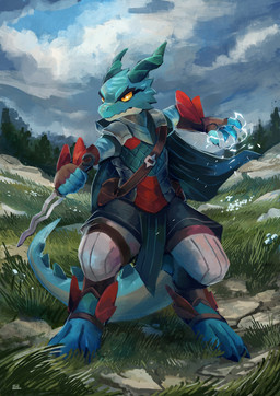 action_pose anthro armor blue_body blue_scales cape clothed clothing dagger digitigrade electricity energy horn leather leather_armor male melee_weapon orange_eyes outside pose scales solo tail_spines weapon yellow_sclera plive kobold scalie absurd_res hi_res