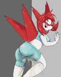 anthro bodily_fluids bottomwear breasts butt camel_toe clothed clothing crop_top dripping_urine female genital_fluids hair leaning leaning_against_wall leaning_forward mouthless pants peeing pokemorph red_hair shirt shorts simple_background solo spandex spandex_shorts tight_bottomwear tight_clothing tight_shorts topwear urine wet wet_bottomwear wet_clothing wet_legs wet_pants wetting white_body white_skin wings yellow_eyes raveneevee nintendo pokemon generation_3_pokemon latias legendary_pokemon pokemon_(species)