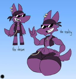 4_fingers anthro bottomwear cheek_tuft chest_tuft clothing curvy_figure ear_piercing ear_ring eyewear facial_hair facial_tuft fangs femboy fingers footwear fur goatee hand_on_hip headscarf jacket jewelry kerchief logo male navel necklace piercing purple_body purple_fur ring_piercing shoes shorts small_waist solo sunglasses tail teeth text thick_thighs topwear tuft wasp_waist wide_hips thatdawgmurray snaps_(thatdawgmurray) canid canine canis mammal wolf aliasing artist_logo artist_name digital_media_(artwork) english_text hi_res signature