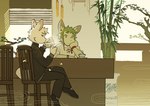 anthro bamboo chair clothed clothing container cup duo fur furniture green_hair hair hi_res holding_container holding_cup holding_object kemono lagomorph leporid male mammal milkybot on_chair rabbit sitting sitting_on_chair white_body white_fur