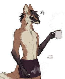 anthro belly beverage big_ears black_bottomwear black_clothing black_nose black_pants black_paws bottomwear brown_body brown_fur cigarette clothing coffee container cup ear_piercing ear_ring fur long_ears male mug multicolored_body multicolored_fur pants piercing ring_piercing smoke smoke_cloud solo tired tired_eyes drunkmagpie canid canine canis mammal maned_wolf wolf hi_res sketch