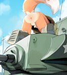 anthro anus army army_uniform balls blue_sky bottomless clothed clothing detailed_background flaccid genitals humanoid_genitalia humanoid_penis male partially_clothed penis sky solo tail tank vehicle young young_anthro yupa tycloud canid canine fox mammal 2023 hi_res