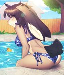 anthro bikini blue_bikini blue_clothing blue_swimwear brown_body brown_eyes brown_fur brown_hair clothing elronya female freckles fur hair hi_res lagomorph leporid looking_at_viewer looking_back looking_back_at_viewer mammal multicolored_body multicolored_fur outside plant rabbit ronya rubber_duck side-tie_bikini solo string_bikini suvi_(elronya) swimming_pool swimwear tree two-piece_swimsuit two_tone_body two_tone_fur