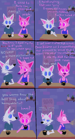anthro blue_eyes blue_text coffee_cup container cup detailed_background dialogue dirty_talk drinking duo female fur male pink_body pink_fur pink_text spitting_drink talking_to_another text white_body white_fur demensa canid canine canis domestic_dog mammal 2020 absurd_res comic english_text hi_res