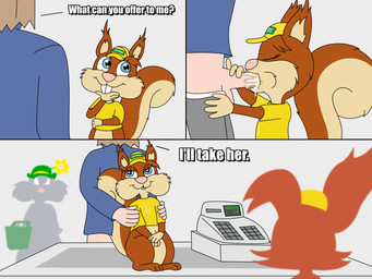 anthro balls bodily_fluids cashier clothing counter cum cum_in_mouth cum_inside dialogue drinking drinking_cum erection fellatio female female_on_human genital_fluids genitals group heart_eyes heart_symbol male male/female oral penile penis sex store store_clerk text toony uniform unprofessional_behavior johnbrain93 animaniacs warner_brothers slappy_squirrel human mammal rodent sciurid tree_squirrel 4:3 comic english_text hi_res