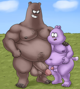 age_difference anthro balls big_balls big_penis body_hair duo erection field genitals glans grin hand_on_shoulder happy_trail imminent_sex male male/male moobs nipples overweight overweight_male penis pink_glans schnitzel smile standing young camp14 cartoon_network chowder_(series) chowder hi_res