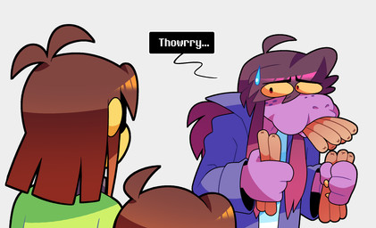 anthro brown_hair female food freckles group hair hot_dog male purple_body simple_background text trio yellow_sclera akanemnon deltarune undertale undertale_(series) frisk_(undertale) kris_dreemurr susie_(deltarune) human mammal scalie 2025 nonbinary_(lore)