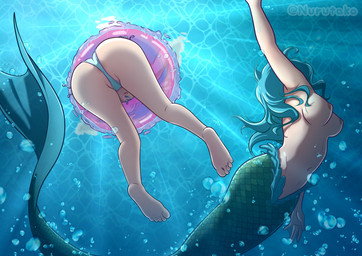 5_fingers 5_toes air_bubble anus barefoot barely_visible_anus bikini biped blue_hair breasts bubble butt clothed clothed_female clothed_human clothing detailed_background duo feet female fin fingers fish_tail green_body green_scales hair human_torso legless long_hair low-angle_view membrane_(anatomy) mermaid_tail monster_girl_(genre) navel nipples nude nude_female scales soles split_form swim_ring swimming swimwear tail tail_fin text toes topless two-piece_swimsuit underwater water webbed_hands nurutako aquatic human humanoid_merfolk mammal merfolk artist_name