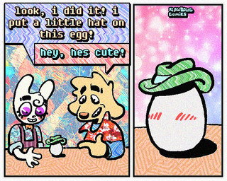 2_panel_comic aloha_shirt anthro blush blush_lines bow_tie cheek_spots clothing cowboy_hat dialogue duo egg fangs floppy_ears fur gesture hand_gesture hat headgear headwear humor male open_mouth open_smile overalls pattern_clothing pattern_shirt pattern_topwear pointing pointing_at_another shirt smile speech_bubble teeth text tooth_gap topwear white_body white_fur wide_eyed yellow_body yellow_fur rawdawgcomics bingus_(rawdawgcomics) stahli_(rawdawgcomics) bird_dog canid canine canis domestic_dog golden_retriever hunting_dog lagomorph leporid mammal rabbit retriever 5:4 comic english_text