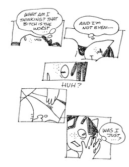 anthro bodily_fluids clothed clothing dialogue dreadlocks female freckled_face freckles genital_fluids lying on_back open_mouth panties pointy_ears pouting prick_ears profanity pubes simple_background solo tear_trough text thought_bubble underwear vaginal_fluids vaginal_fluids_through_clothing wet wet_clothing white_background gaydottiff penny_(gaydottiff) domestic_cat felid feline felis mammal 2023 black_and_white comic english_text hi_res monochrome