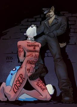 after_oral after_sex angry anthro anthro_dominating_anthro anthro_on_anthro arm_tattoo aroused ballbusting balls bdsm belly_tattoo blue_body blue_fur bodily_fluids boots bottomwear brick brick_wall chest_tattoo clothed clothed/nude clothed_anthro clothed_male clothing cmnm cock_and_ball_torture collar cum cum_in_mouth cum_inside cum_string degradation degradation_kink degrading_tattoo dominant dominant_anthro dominant_male dungeon duo erection fangs feet foot_on_balls footwear frown fully_clothed fully_clothed_anthro fully_clothed_male fur genital_fluids genital_torture genitals hands_behind_back head_grab homophobic_slur humanoid_genitalia humanoid_penis humiliation humiliation_fetish jacket kneeling leg_tattoo male male/male male_anthro male_dominating_male metal_collar nude nude_anthro nude_male pants penis property property_tattoo restrained scowl sex_dungeon sex_slave shoes slave slave_tattoo snarling submissive submissive_anthro submissive_male tattoo teeth topwear wall_(structure) white_body white_fur zipping_up vyvs felid hyena mammal pantherine snow_leopard hi_res