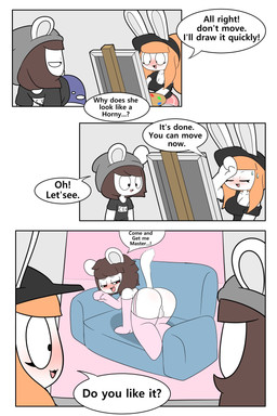 anthro balls beanie black_clothing black_hat black_headwear black_shirt black_topwear blue_bottomwear blue_clothing blue_shorts blush blush_lines bodily_fluids bottomwear breasts brown_hair butt canvas cleavage clothed clothing dialogue duo eyelashes female femboy furniture garter_straps genitals grey_beanie grey_clothing grey_hat grey_headwear hair hat headgear headwear heart_eyes heart_symbol male orange_hair pink_bottomwear pink_clothing pink_shorts ponytail pose rear_view shirt shorts sofa speech_bubble sweat tail text topwear tonytoran tina_(tonytoran) tony_(tonytoran) chinchilla chinchillid lagomorph leporid mammal rabbit rodent 2:3 comic hi_res