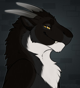 attitude black_body black_fur confident feral fur horn male side_view smile smirk smug solo white_body white_fur yellow_eyes naughtystray mythology felkin_(character) dragon hybrid mammal mythological_creature mythological_scalie scalie absurd_res bust_portrait digital_media_(artwork) hi_res portrait