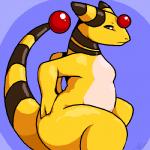 anthro anthrofied big_butt biped black_body black_eyes black_skin breasts butt countershading crouching featureless_breasts female huge_butt huge_thighs looking_at_viewer nude pale_skin pokemorph simple_background small_breasts smooth_skin solo tail thick_tail thick_thighs yellow_body yellow_skin javanshir nintendo pokemon ampharos generation_2_pokemon pokemon_(species) 1:1